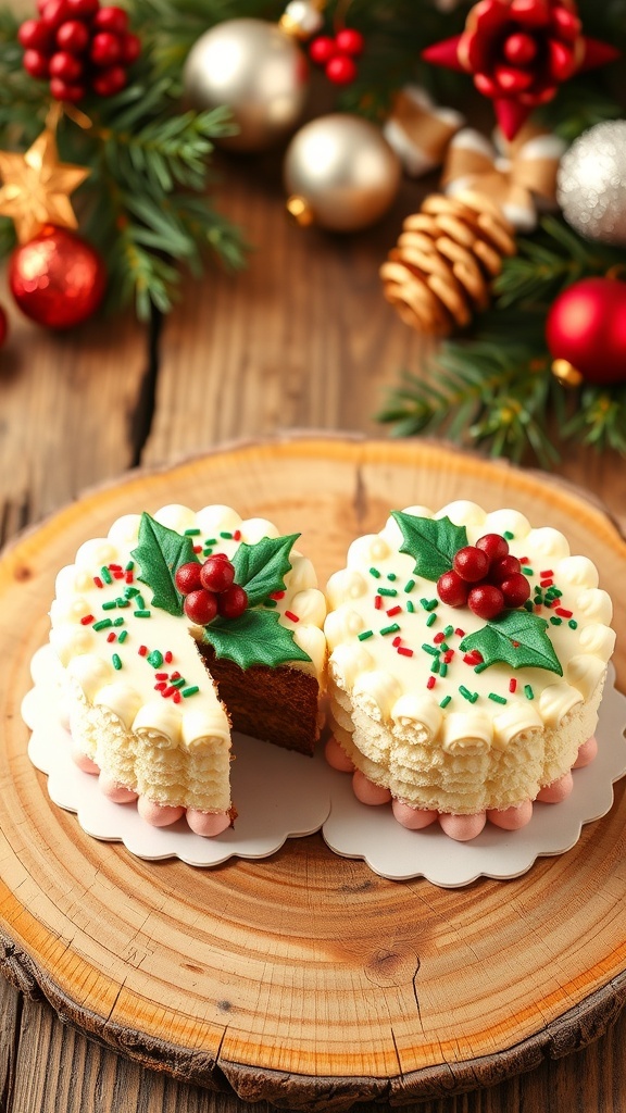 Mini 4-Inch Christmas Cakes Recipe Two 4-inch mini Christmas cakes decorated with royal icing and sprinkles on a wooden table with holiday decorations.